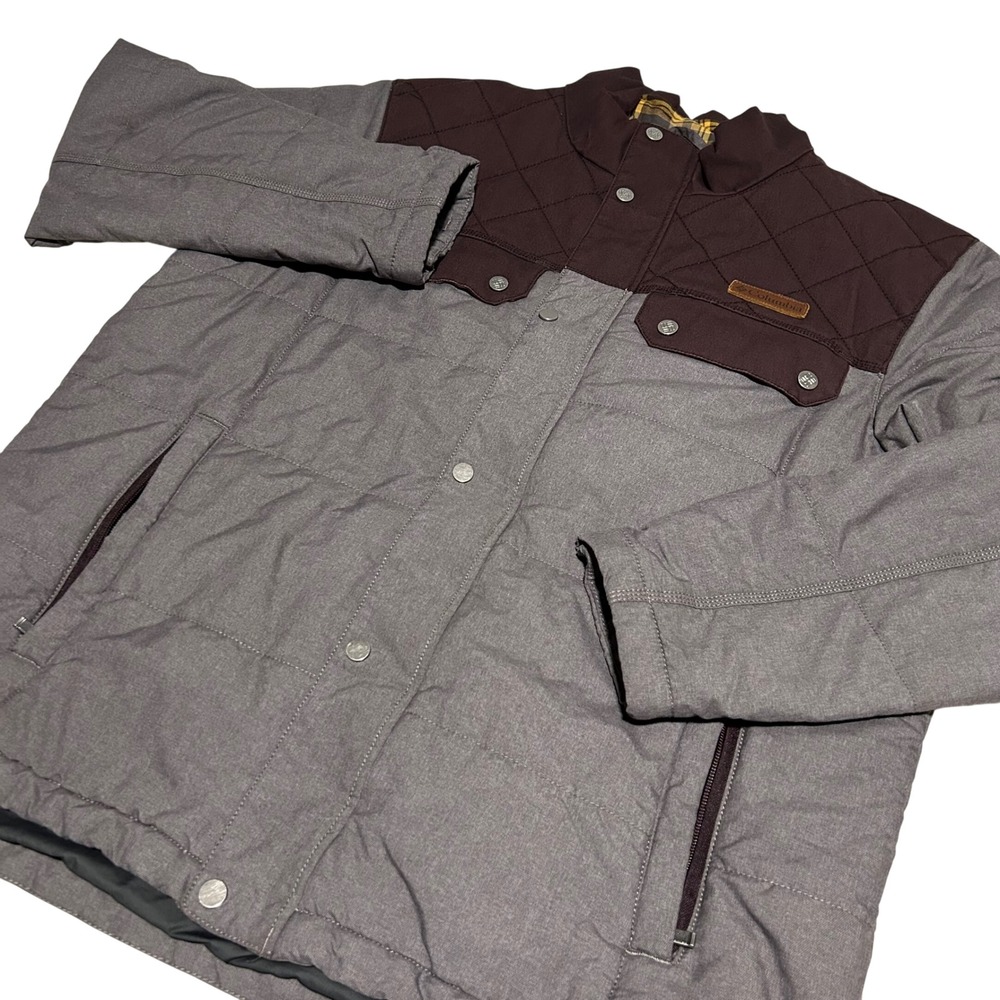Columbia Quilted Puffer Jacket Mens L Grey Burgundy Plaid Lined Insulated 1544